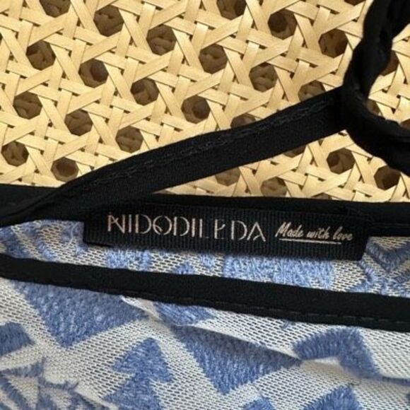 Nidodileda Sheer Jacquard Geometric Print Blue Maxi Dress Sz L Greece Made - Picture 12 of 12